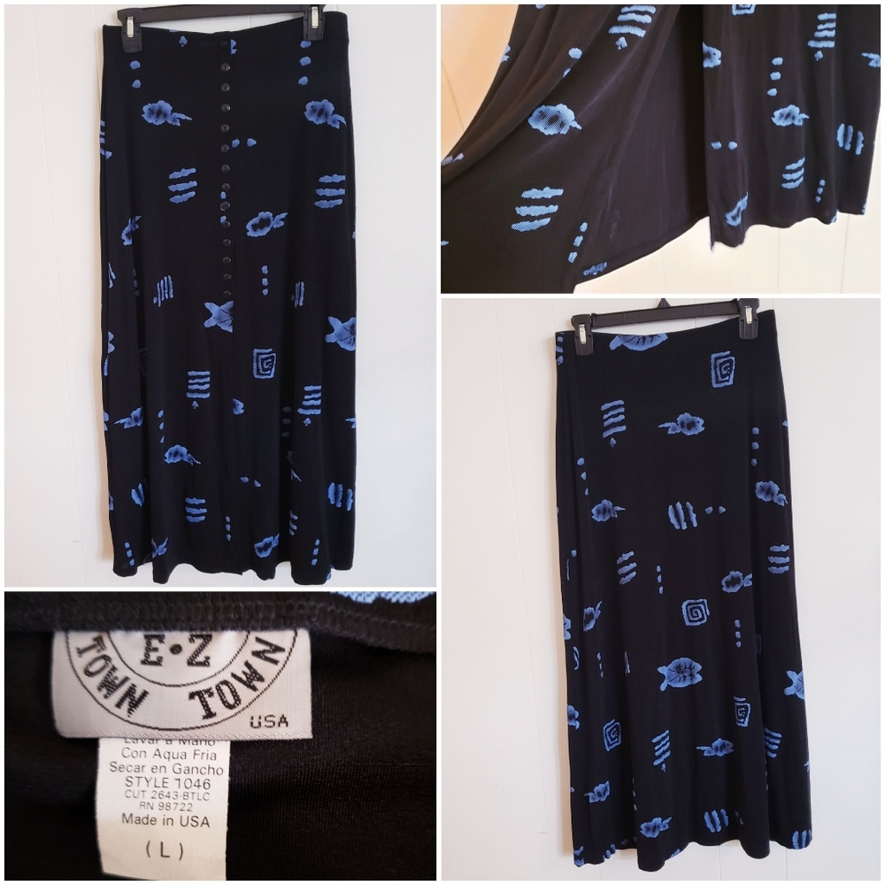 EZ Town VTG Y2K Skirt Large Black Knit Slit Stretch Long Aline faux button up